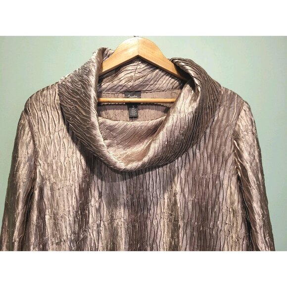 New Champagne Metallic Crinkle Boxy Relaxed Fit Cowl Neck Party Top Sz XL - Picture 2 of 9